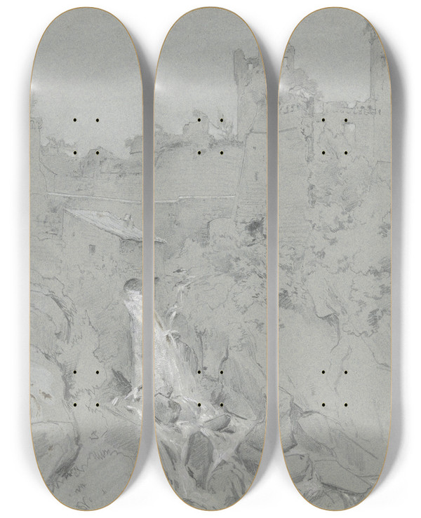 Triptych art skateboard deck of Adolf Hoeffler Ruinen Von Nepi Mit Wasserfalll by Adolf Hoeffler (1825-1898)