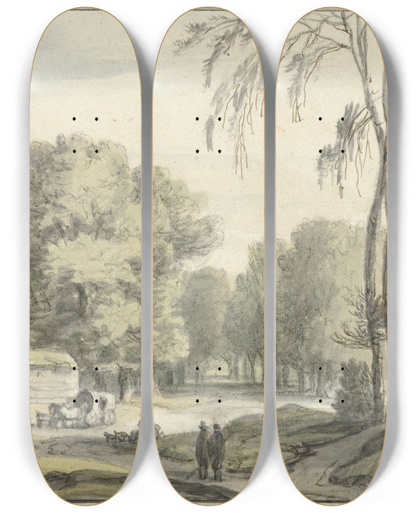 Triptych art skateboard deck of Roelant Roghman Landschap Met Een Reiswagen Voor Een Boerderij by Roelant Roghman (1627-1692)