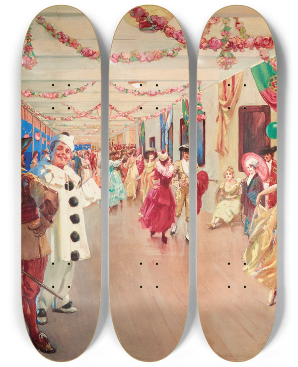 Triptych art skateboard deck of Victor Gabriel Gilbert A Masked Ball On A Ship by Victor Gabriel Gilbert (1847-1933)