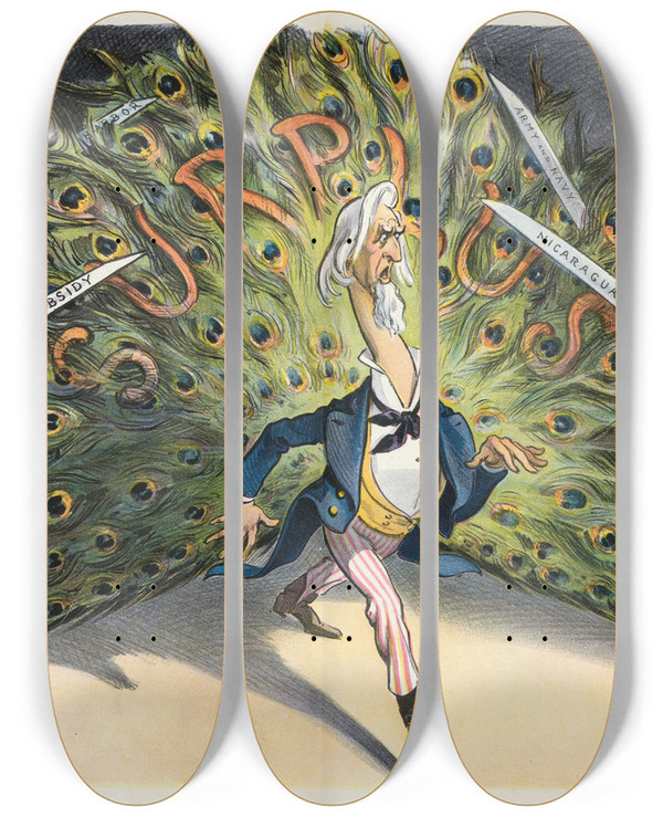 Triptych art skateboard deck of Udo Keppler A Tempting Tail by Udo Keppler (1872-1956)