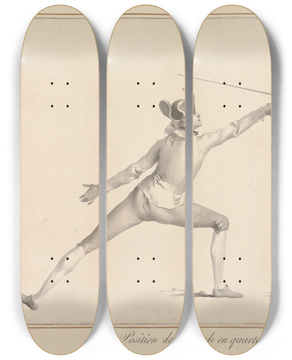 Triptych art skateboard deck of James Gwin Position De La Garde En Quarte Et Le Coup De Quarte Basse by James Gwin (1720-1769)