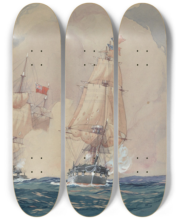 Triptych art skateboard deck of Worden Wood Taking Of Th Fox Brig By The Hancock American 28 May 17771925 by Worden Wood (1880-1943)
