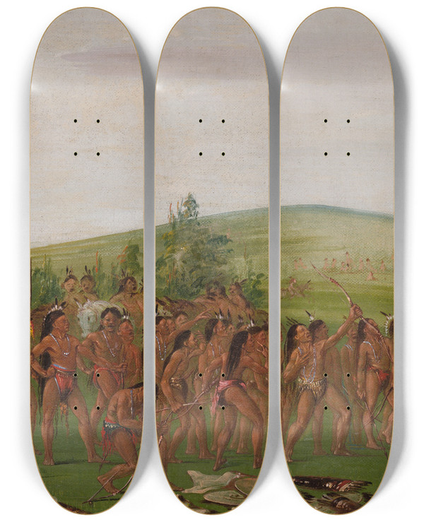Triptych art skateboard deck of George Catlin Archery Of The Mandan by George Catlin (1796-1872)
