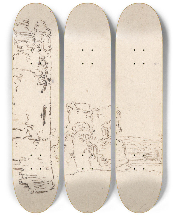 Triptych art skateboard deck of Thomas Girtin Flint Castle by Thomas Girtin (1775-1802)