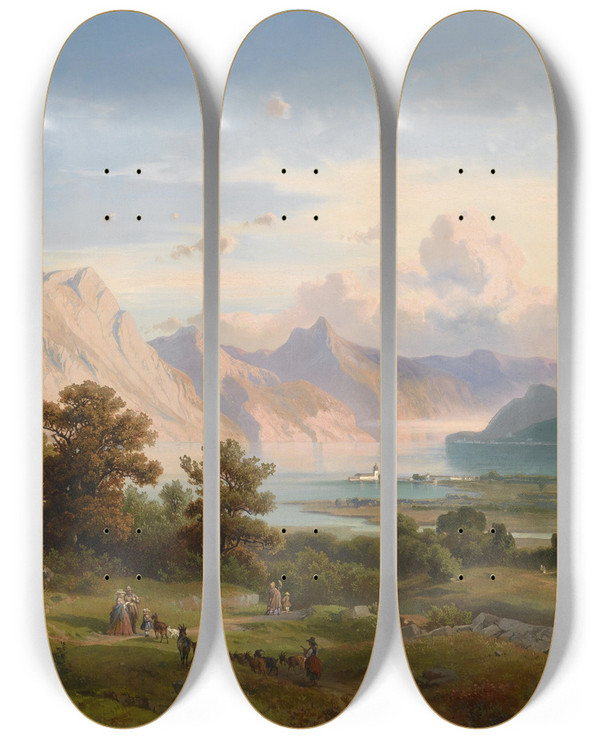 Triptych art skateboard deck of Josef Mayburger Blick Auf Schloss Orth Am Traunsee by Josef Mayburger (1814-1908)