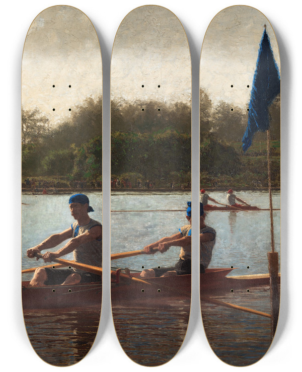Triptych art skateboard deck of Thomas Eakins The Biglin Brothers Turning The Stake by Thomas Eakins (1844-1916)
