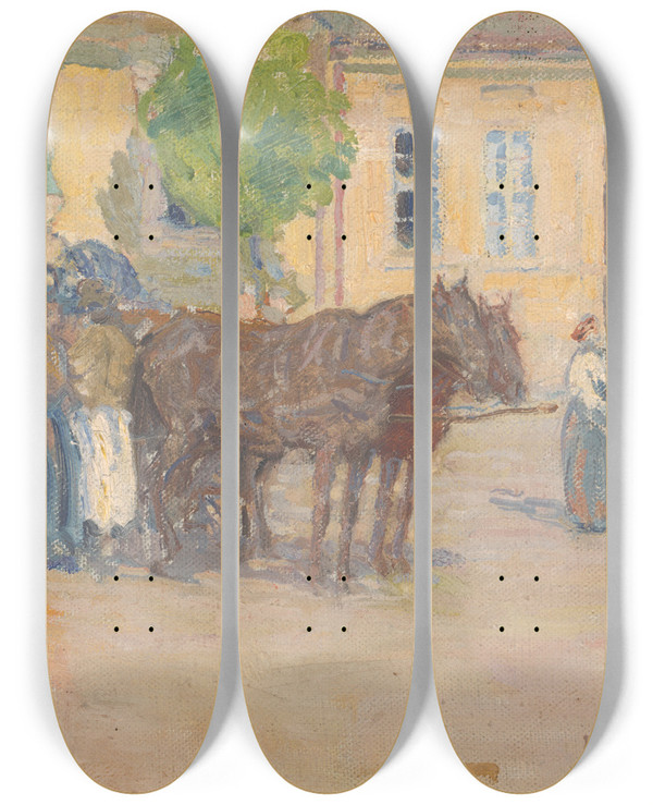 Triptych art skateboard deck of Elemr Halszhradil At The Market by Elemir Halasz Hradil (1873-1948)
