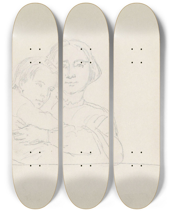Triptych art skateboard deck of Adolph Tidemand Mor Og Barn by Adolph Tidemand (1814-1876)