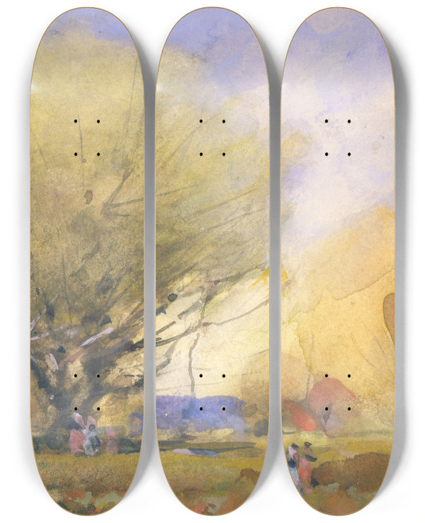 Triptych art skateboard deck of William Henry Holmes Summer Scene by William Henry Holmes (1846-1933)