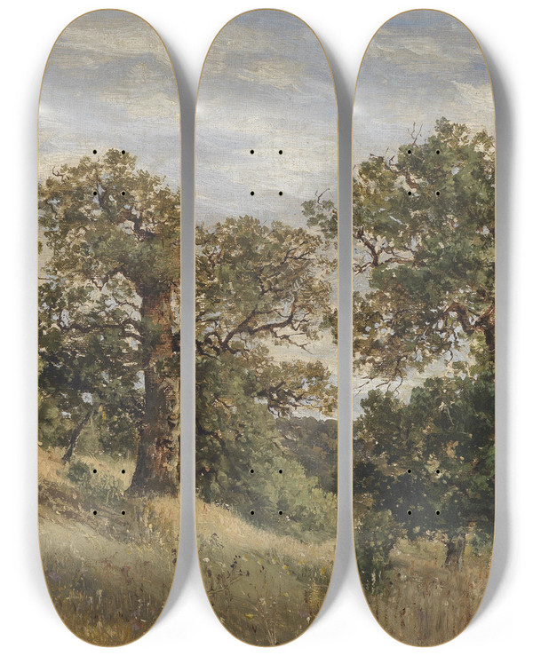 Triptych art skateboard deck of Theodor Von Hrmann Berghang Mit Baum by Theodor Von Hormann (1840-1895)
