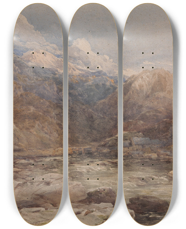 Triptych art skateboard deck of David Cox River Landscape In Wales by David Cox (1783-1859)