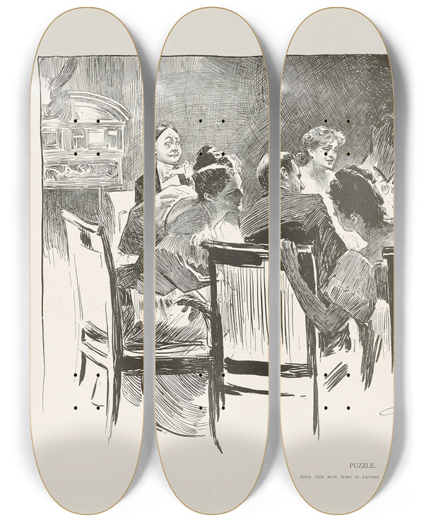 Triptych art skateboard deck of Charles Dana Gibson Puzzle Find The Man Who Is Paying For The Dinner_1 by Charles Dana Gibson (1867-1944)