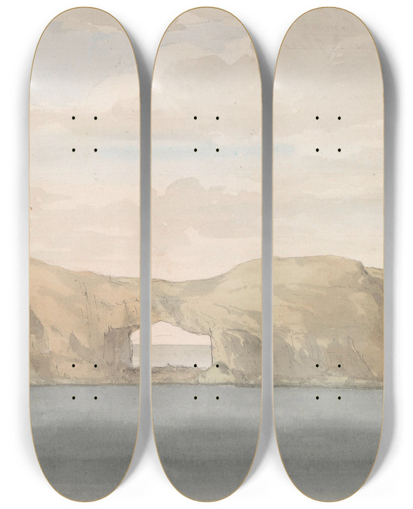 Triptych art skateboard deck of Abrahamlouisrodolphe Ducros Gezicht Op Rots Met Gat Op Kleine Eiland Cumina Bij Gozo by Abraham-Louis-Rodolphe Ducros (1748-1810)