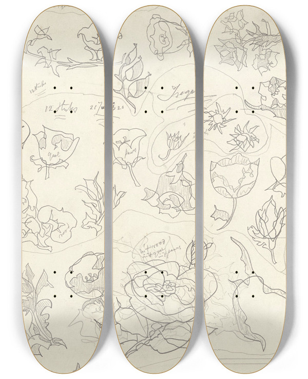 Triptych art skateboard deck of Theo Colenbrander 33 Bloemornamenten Voor Aardewerkdecoratie En Zes Halfprofielen Voor Vazen En Bakjes by Theo Colenbrander (1841-1930)