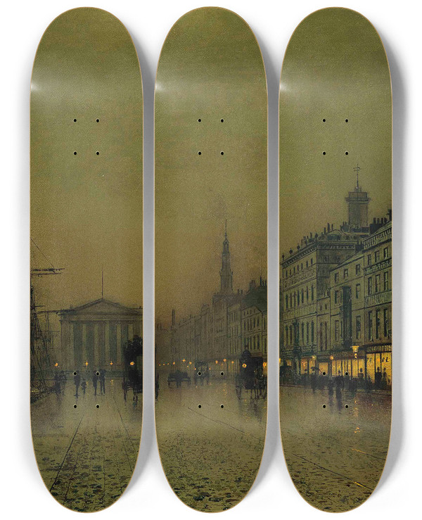 Triptych art skateboard deck of John Atkinson Grimshaw Greenock Dockside By Night by John Atkinson Grimshaw (1836-1893)