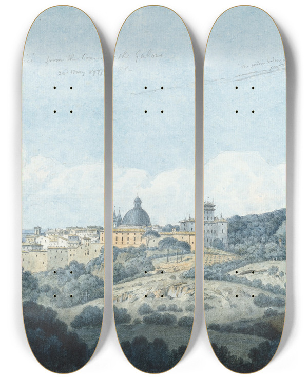 Triptych art skateboard deck of Thomas Jones Larici From The Convent Of The Galoro by Thomas Jones (1742-1803)