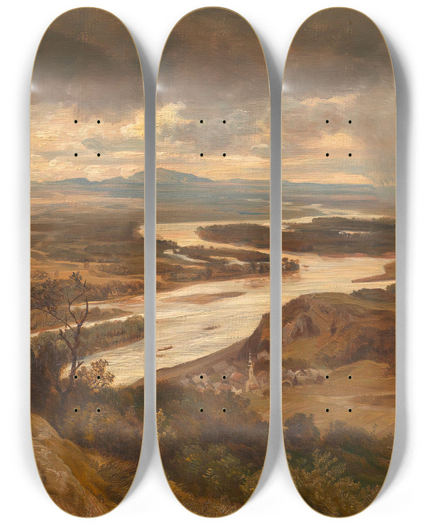 Triptych art skateboard deck of Josef Hoffmann Die Donauauen Bei Wien by Josef Hoffmann (1831-1904)