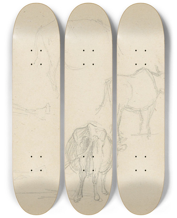 Triptych art skateboard deck of Adolph Tidemand Animal Studies by Adolph Tidemand (1814-1876)