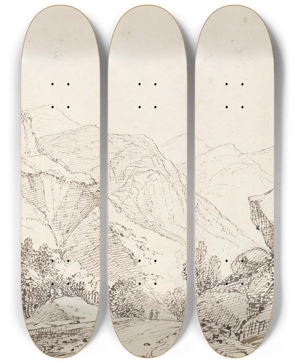 Triptych art skateboard deck of Thomas Hastings In Borrowdale by Thomas Hastings (1778-1854)