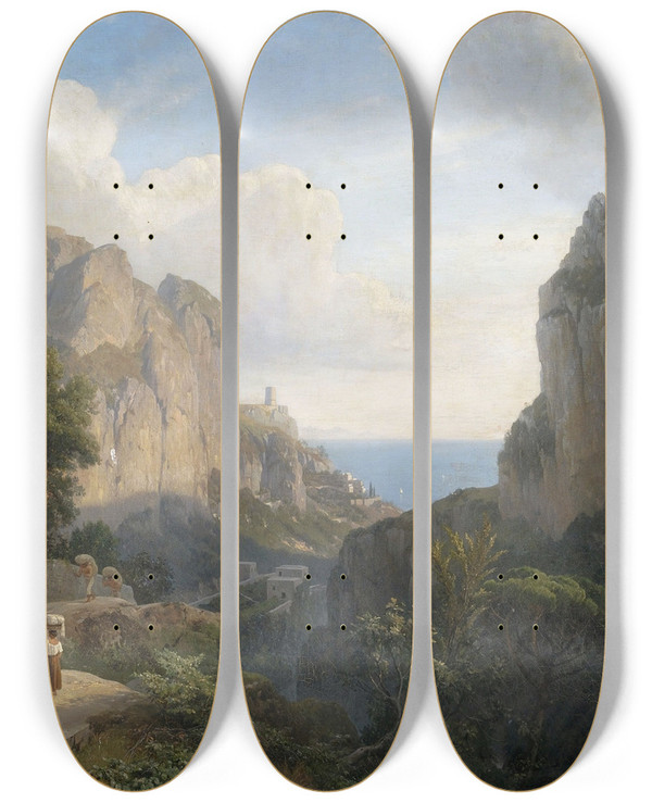 Triptych art skateboard deck of Carl Maria Nicolaus Hummel Das Mhlental Bei Amalfi by Carl Maria Nicolaus Hummel (1821-1907)