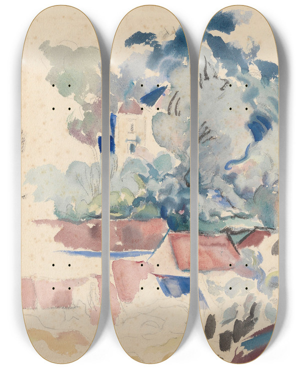 Triptych art skateboard deck of Rik Wouters Roofs Trees And A Woman by Rik Wouters (1882-1916)