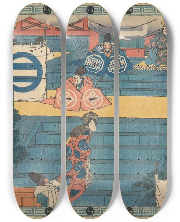 Triptych art skateboard deck of And Hiroshige Woman And Treasure Bearers Kaoya And Treasure Bearers With Trunkful Of Helmets by Ando Hiroshige (1797-1858)