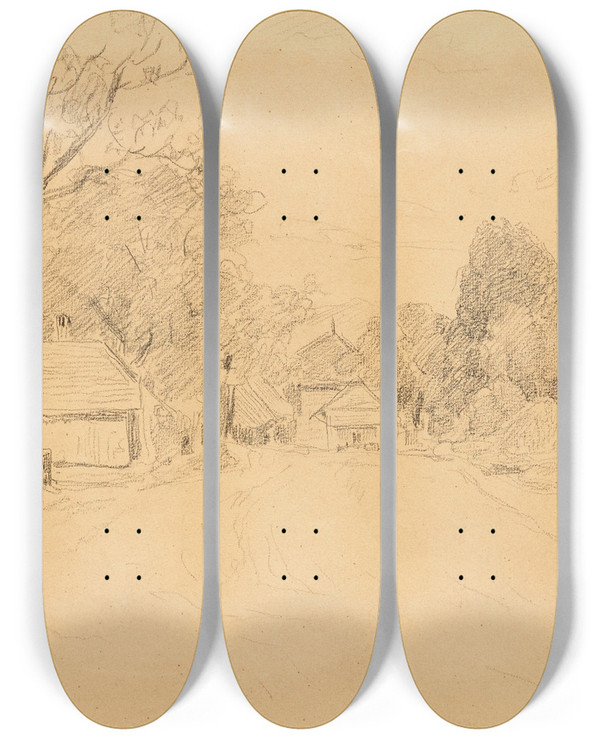 Triptych art skateboard deck of Albert Anker Sketch Of A Village Street by Albert Anker (1831-1910)