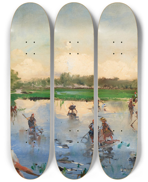Triptych art skateboard deck of Pompeo Mariani In The Rice Field Zelata by Pompeo Mariani (1857-1927)