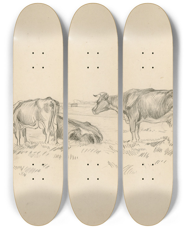 Triptych art skateboard deck of Frans Smissaert Een Drietal Koeien In Een Wei by Frans Smissaert (1862-1944)