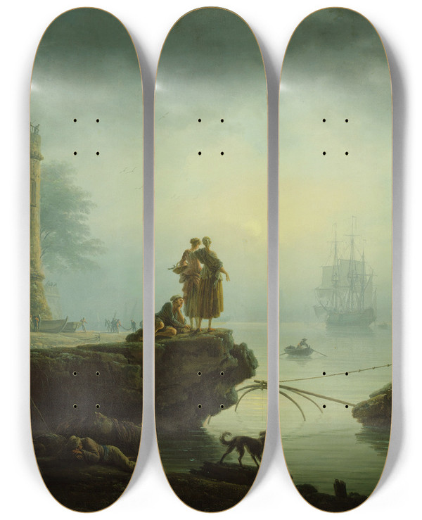 Triptych art skateboard deck of Claudejoseph Vernet Morning by Claude Joseph Vernet (1714-1789)