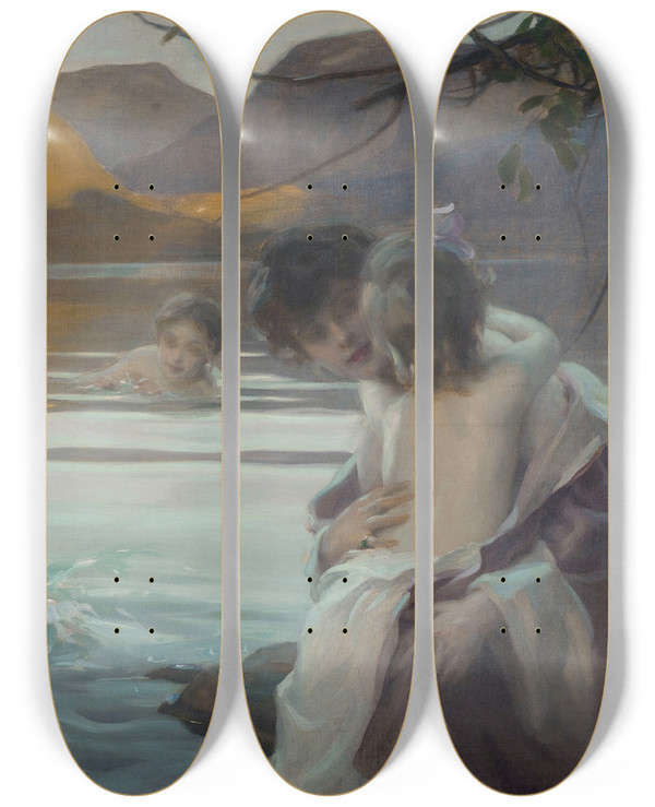 Triptych art skateboard deck of Paul Mile Chabas Premier Bain by Paul mile Chabas (1869-1937)