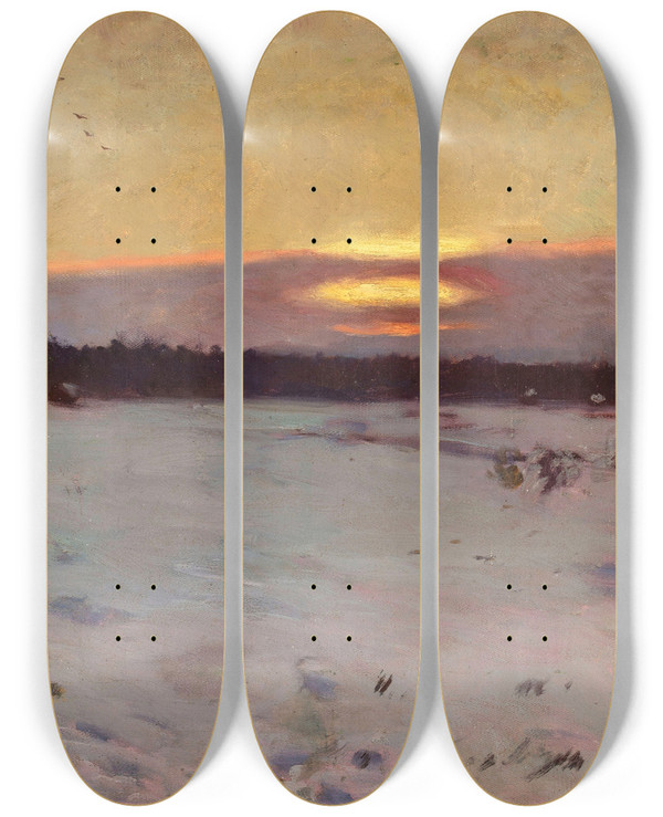 Triptych art skateboard deck of Jozef Chelmonski Sunset In Winter by Jozef Chelmonski (1849-1914)
