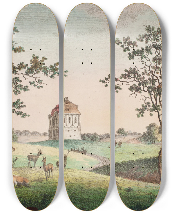 Triptych art skateboard deck of Elias Meyer Eremitagen I Dyrehaven by Elias Meyer (1723-1785)