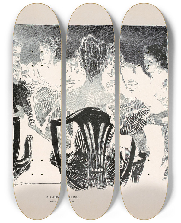 Triptych art skateboard deck of Charles Dana Gibson A Cabinet Meeting_1 by Charles Dana Gibson (1867-1944)