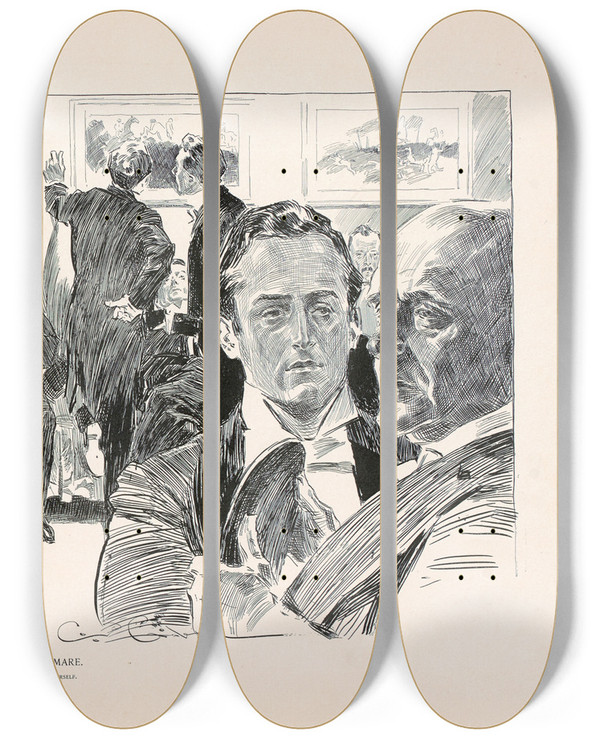 Triptych art skateboard deck of Charles Dana Gibson Her Nightmare_1 by Charles Dana Gibson (1867-1944)