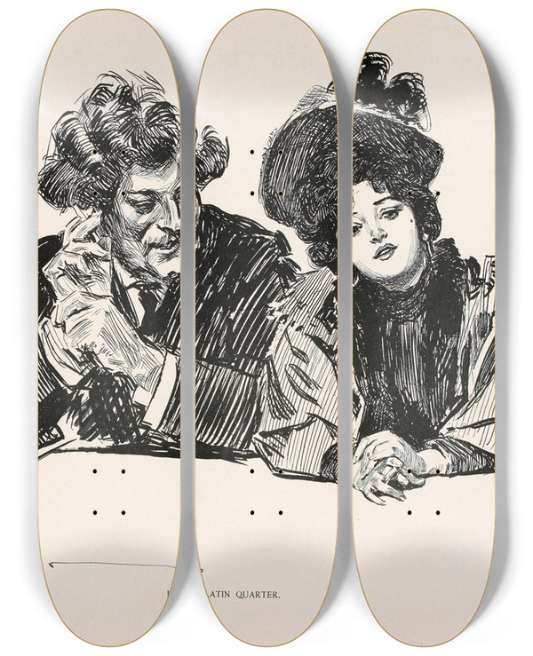 Triptych art skateboard deck of Charles Dana Gibson In The Latin Quarter_1 by Charles Dana Gibson (1867-1944)