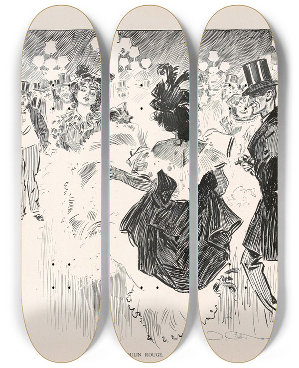 Triptych art skateboard deck of Charles Dana Gibson Moulin Rouge_1 by Charles Dana Gibson (1867-1944)