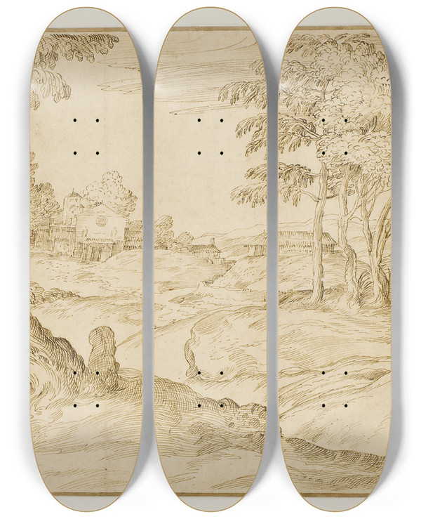 Triptych art skateboard deck of Domenico Campagnola Landskab Med Pilgrimme P Vej Til En Kirke by Domenico Campagnola (1500-1564)