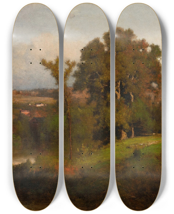 Triptych art skateboard deck of George Inness Autumn Near Marshfield by George Inness (1825-1894)