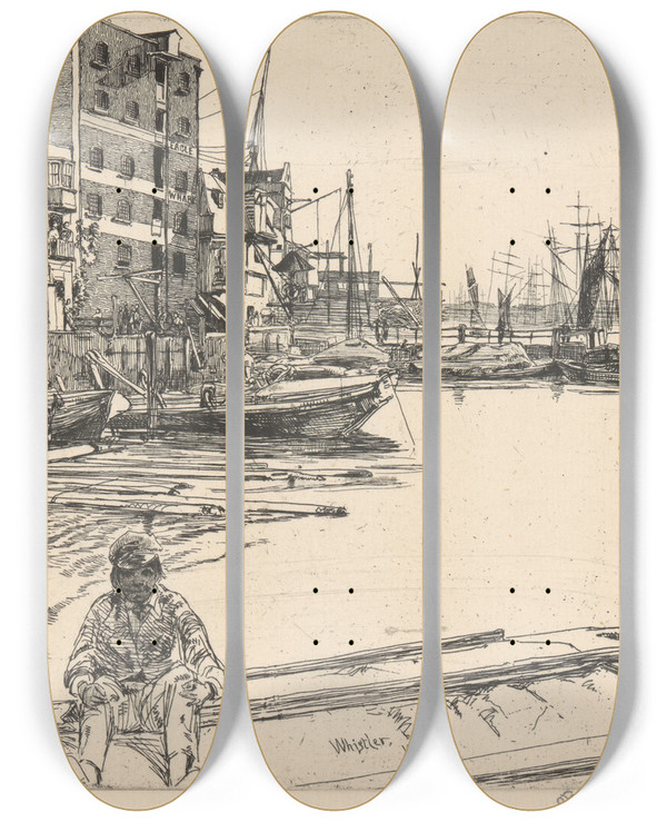 Triptych art skateboard deck of James Abbott Mcneill Whistler Eagle Wharf by James Abbott Mcneill Whistler (1834-1903)