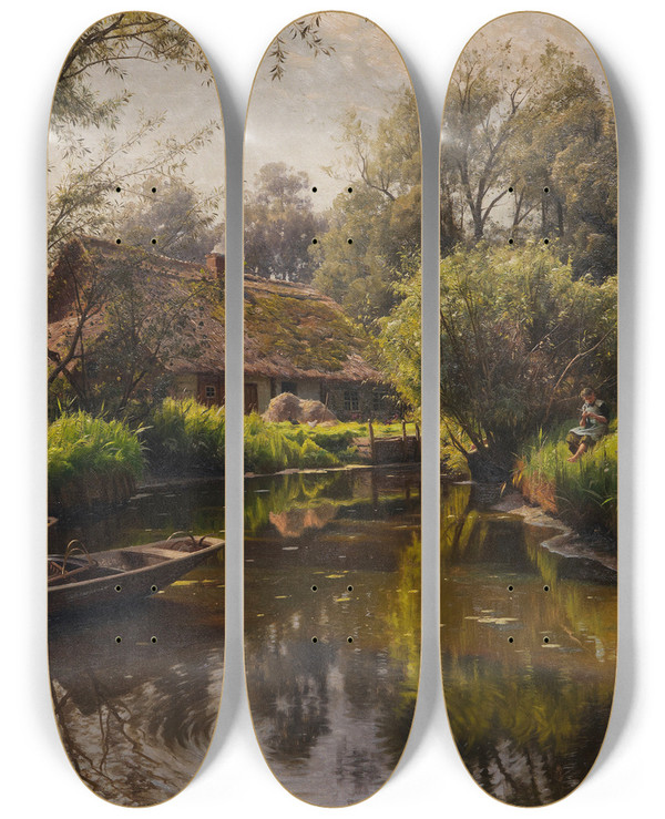 Triptych art skateboard deck of Peder Mrk Mnsted Flusslandschaft Im Spreewald by Peder Mork Monsted (1859-1941)