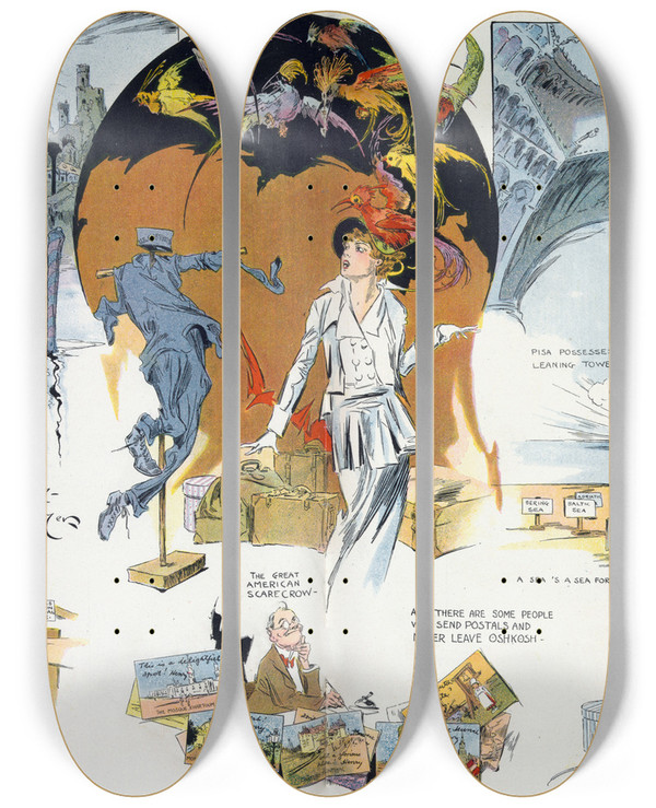 Triptych art skateboard deck of Henry Mayer Travel Impressions by Henry Mayer (1868-1954)