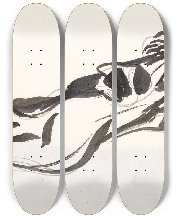 Triptych art skateboard deck of Leo Gestel Schetsblad Met Zwevende Vrouw Met Trompet by Leo Gestel (1881-1941)