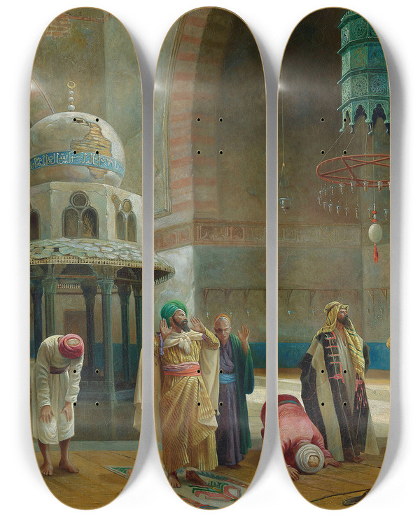 Triptych art skateboard deck of Charles Robertson Prayer In The Mosque Of Sultan Hasan Cairo by Charles Robertson (1760-1821)