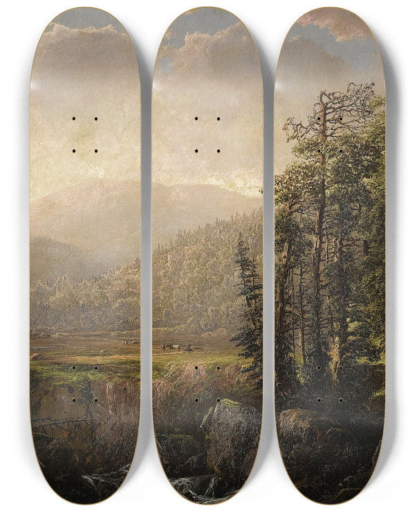 Triptych art skateboard deck of William Louis Sonntag Adirondack Mountain Landscape by William Louis Sonntag (1822-1900)