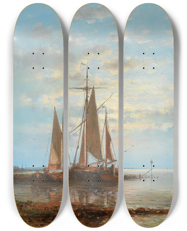 Triptych art skateboard deck of Abraham Hulk Sailing Boats On Rough Seas_2 by Abraham Hulk (1813-1897)