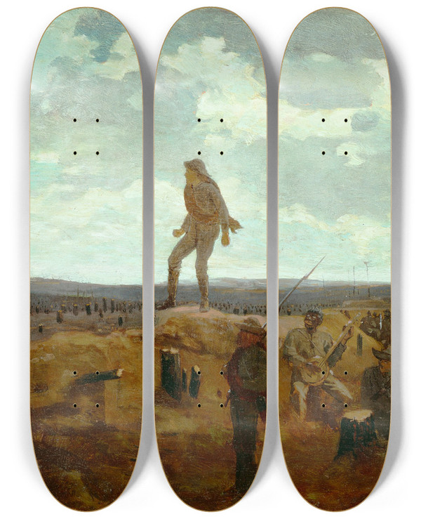Triptych art skateboard deck of Winslow Homer Defiance Inviting A Shot Before Petersburg by Winslow Homer (1836-1910)