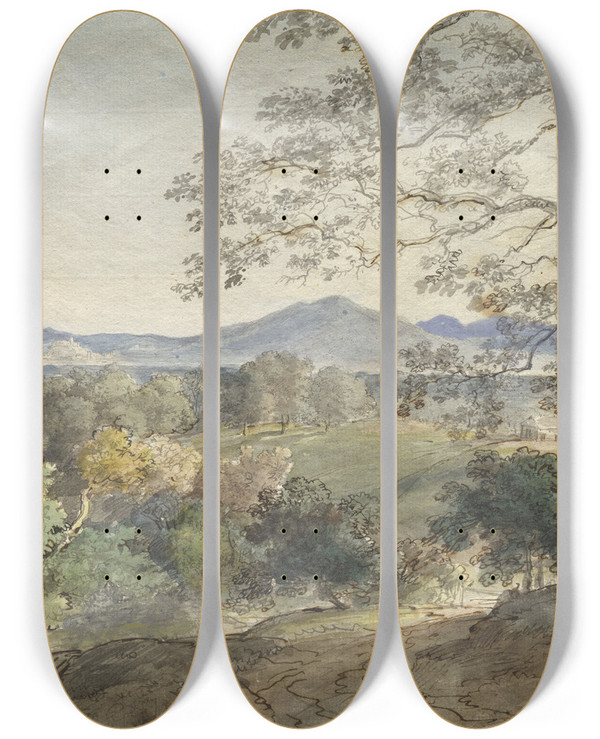 Triptych art skateboard deck of Johann Georg Von Dillis A View Across The Inn Valley To The Alps And Neubeuern by Johann Georg Von Dillis (1759-1841)