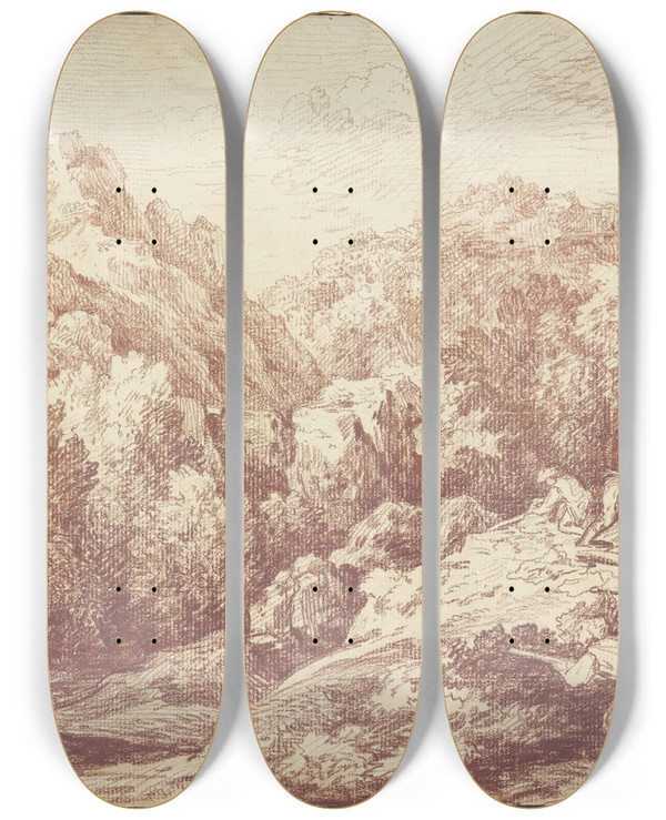 Triptych art skateboard deck of Gaspard Dughet Berglandschaft Mit Raubberfall by Gaspard Dughet (1615-1675)