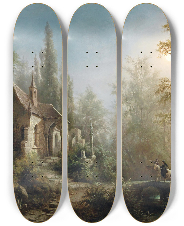 Triptych art skateboard deck of Albert Rieger A Moonlit Night Over A Chapel And Riders by Albert Rieger (1934-1905)